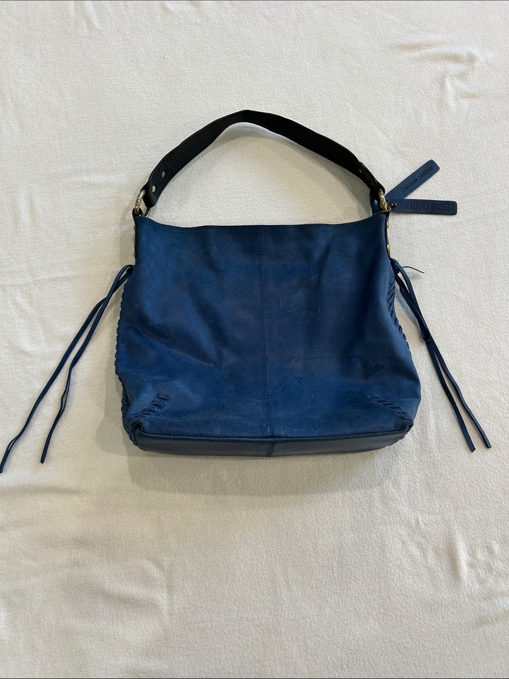 Nino BOSSI Navy Blue Suede Shoulder Bag with Black Strap